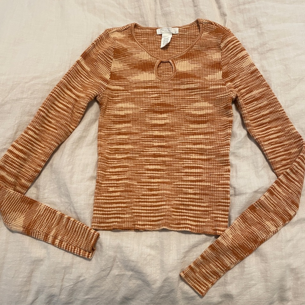 Full Tilt Key Hole Striped Long Sleeves Pullover Cropped Fitted Sweater Size XS